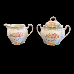 Vintage porcelain sugar bowl & milk jug set floral design
